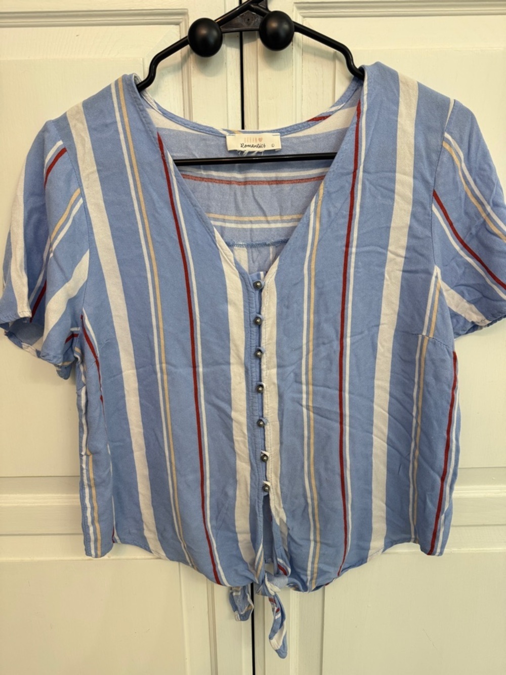 URBAN Romantics Blue White Striped Button-Front Tie Hem Blouse coastal summer L